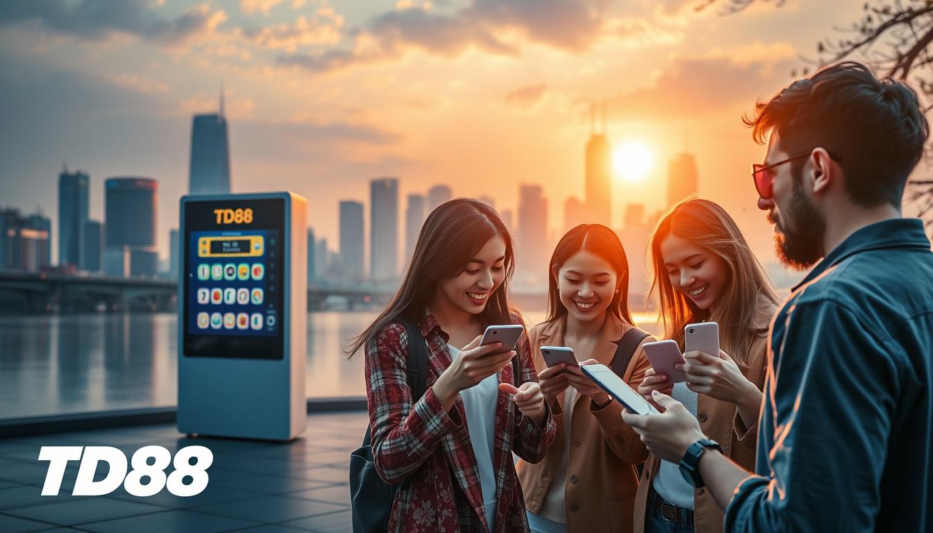 A tranquil scene of people enjoying the convenience and benefits of electronic lottery, with the TD88 brand prominently displayed. In the foreground, a group of friends excitedly checking their lottery results on their mobile devices, their faces lit with joy. In the middle ground, a sleek, modern lottery kiosk stands, its digital interface showcasing the seamless SMS-based lottery experience. The background features a cityscape, with skyscrapers and infrastructure conveying the modernity and progress of the 2025 lottery landscape. The lighting is soft and warm, creating a welcoming and inviting atmosphere. The composition emphasizes the ease, accessibility, and enjoyment of the electronic lottery system.