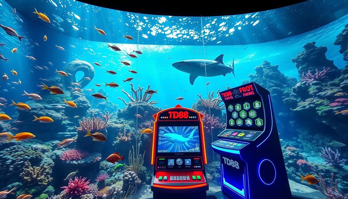A vibrant and captivating scene of a popular "bắn cá đổi thưởng" game. In the foreground, a large, colorful aquarium teeming with diverse marine life, including schools of tropical fish, playful seahorses, and a majestic whale shark. In the middle ground, a sleek and modern gaming console with the prominent "TD88" brand, inviting players to engage in the thrilling underwater adventure. The background showcases a breathtaking underwater landscape, with sunlight filtering through the crystal-clear waters, casting a warm and ethereal glow. The overall atmosphere is one of excitement, adventure, and the chance to win big. Captured with a wide-angle lens and crisp, high-definition detail, this image perfectly encapsulates the allure of the top "bắn cá đổi thưởng" games.