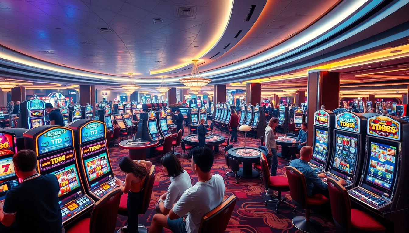 A vibrant and dynamic casino-themed landscape, showcasing a diverse array of slot machines and gaming tables. In the foreground, a group of players eagerly engage with the colorful TD88 slot machines, their expressions a mix of concentration and excitement. The middle ground features a variety of other gaming options, including roulette, blackjack, and poker tables, all bathed in a warm, inviting lighting. In the background, a sleek, modern casino interior with high ceilings, subtle patterns, and a sense of sophisticated elegance. The overall scene conveys the thrill and strategy of navigating the multifaceted world of slot machine gaming, where players can explore a wide range of options to maximize their winnings.