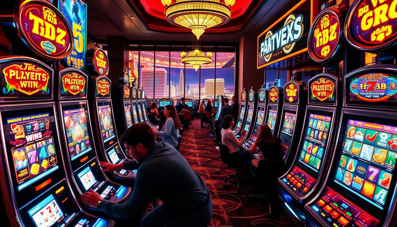 A vibrant casino floor with a dazzling array of TD88 slot machines, their screens alive with colorful symbols and cascading wins. Neon lights cast a warm glow, creating an atmosphere of excitement and anticipation. In the foreground, a player leans forward, eyes fixed on the reels, fingers poised to pull the lever, hoping for the ultimate jackpot. The middle ground is filled with the bustling energy of the casino, with other players immersed in their games, the air thick with the sound of chiming bells and the murmur of conversation. In the background, the iconic Las Vegas skyline is visible through large windows, a testament to the grandeur and allure of this legendary gambling destination.