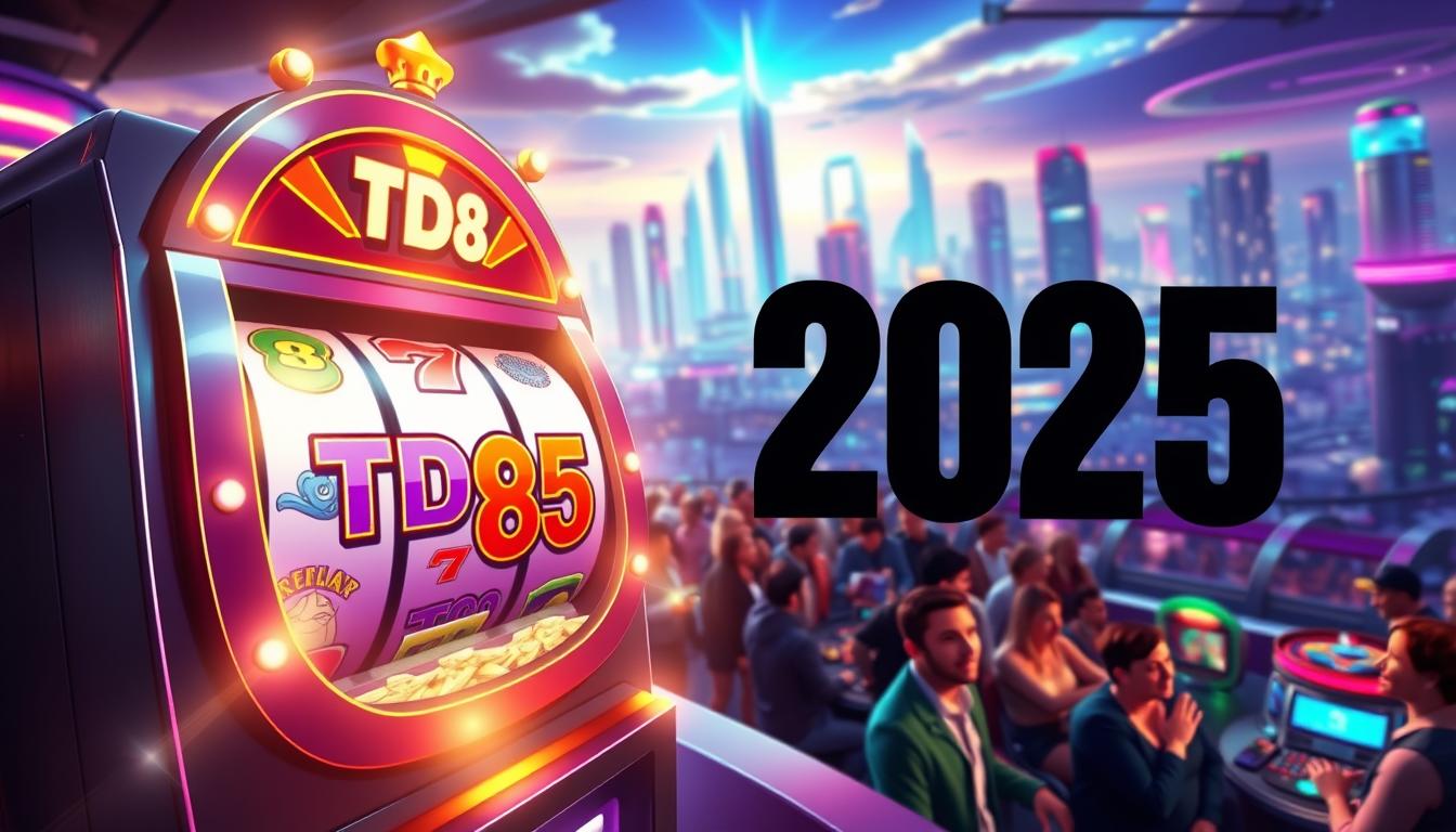 A vibrant casino-themed scene in 2025, showcasing the latest slot games. In the foreground, a large, stylized slot machine with the TD88 logo dominates the frame, its reels spinning against a backdrop of flashing lights and dynamic graphic elements. The middle ground features a crowd of enthusiastic players, their faces alight with excitement as they engage with the game. In the background, a sweeping, futuristic cityscape sets the stage, with neon-lit skyscrapers and a vibrant, energetic atmosphere. The overall mood is one of anticipation and possibility, conveying the thrill of the latest casino offerings in the year 2025.