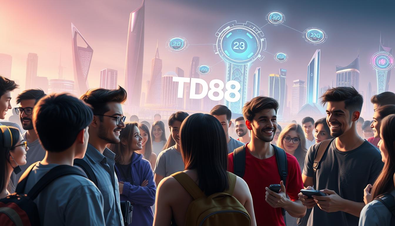 A vibrant community of gamers from diverse platforms, connected through a shared passion for gaming. In the foreground, players of various ages and backgrounds engage in animated discussions, their expressions alight with enthusiasm. The middle ground showcases the TD88 gaming platform, a hub where they can seamlessly interact, compete, and collaborate. In the background, a futuristic cityscape with sleek, neon-lit skyscrapers and floating holographic interfaces, symbolizing the cutting-edge technology that powers their connected experiences. Soft, diffused lighting creates a warm, welcoming atmosphere, inviting viewers to immerse themselves in this vibrant, inclusive gaming ecosystem.