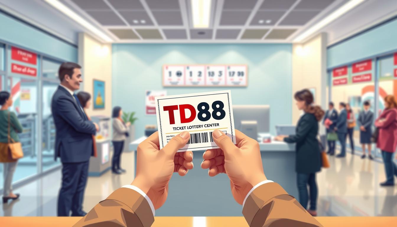 A vibrant illustration showcasing the process of claiming lottery winnings. Set in a modern, well-lit office, the scene depicts a person confidently presenting their winning ticket to a friendly, attentive lottery official. The foreground features the person's hands holding the ticket, with the TD88 logo prominently displayed. The middle ground shows the lottery official's desk, complete with a computer monitor and stacks of documents, creating a professional atmosphere. The background subtly suggests the busy environment of a government lottery center, with people waiting in line and the occasional glimpse of signage. The overall mood is one of excitement and anticipation, capturing the thrill of the lottery experience.