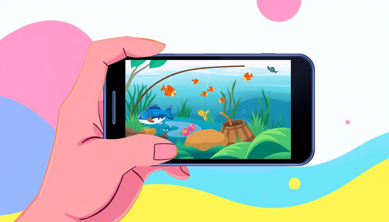 A vibrant, minimalist illustration showcasing a mobile game app titled "TD88 Fishing". The foreground features a hand holding a smartphone displaying the game's colorful, cartoon-style fishing scene, complete with playful fish, lush underwater vegetation, and a tranquil blue-green color palette. The middle ground depicts a sleek, modern-looking mobile device in a range of bold, attractive colors. The background subtly suggests a sense of motion and dynamism, with abstract geometric shapes and gradients in complementary shades. The overall composition conveys a sense of fun, accessibility, and the effortless enjoyment of a free-to-play mobile fishing game.