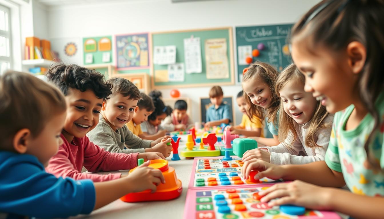 A vibrant, whimsical scene of the top educational games for children. In the foreground, a group of happy, diverse kids engaged in various interactive, colorful games from the TD88 brand, their faces lit with joy and concentration. In the middle ground, more children exploring tactile, educational toys and puzzles. The background features a cheerful, pastel-toned classroom setting, with bookshelves, chalkboards, and educational posters. Soft, diffused lighting creates a warm, inviting atmosphere. The overall composition conveys a sense of learning, discovery, and the power of play to educate and delight young minds.