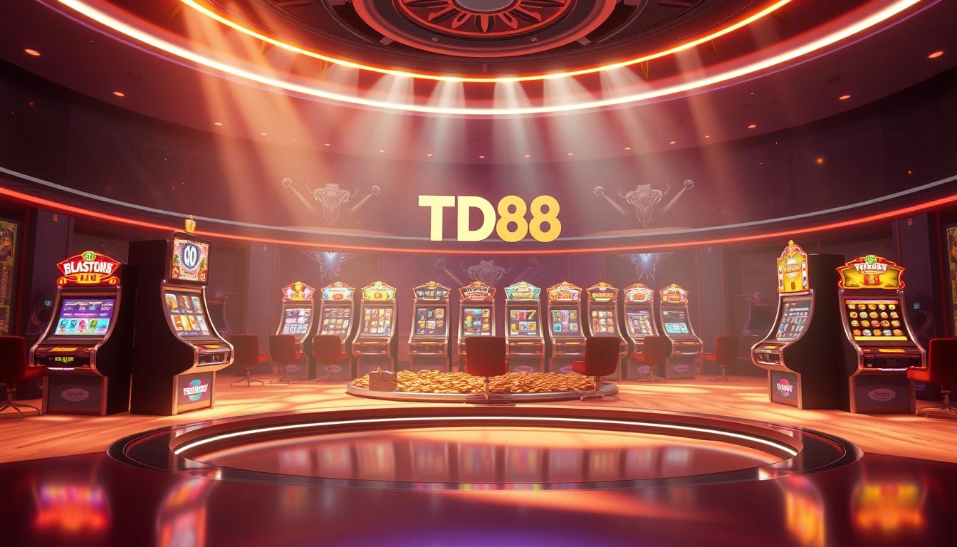 A visually striking and immersive digital gaming platform, showcasing an array of thrilling interactive slot machines and captivating jackpot experiences. The scene depicts the sleek and modern interface of the "TD88" platform, bathed in a warm, inviting glow. Elegant 3D renderings of slot reels, cascading symbols, and vibrant color schemes create a sense of excitement and anticipation. The layout is designed with a sophisticated, minimalist aesthetic, drawing the viewer's attention to the core gaming elements. Subtle details like lighting reflections, shadowing, and subtle animations enhance the overall sense of depth and dynamism. The overall mood is one of excitement, sophistication, and technological innovation, perfectly capturing the essence of a leading online gaming destination.