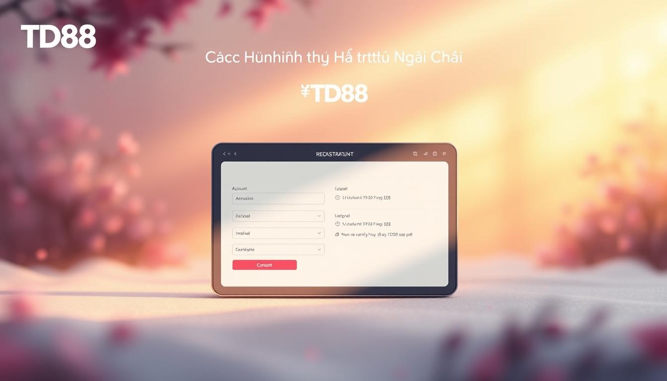 A visually striking illustration of the account registration process, showcasing a serene and inviting interface. Set against a softly blurred background, the foreground features a clean and modern UI design with intuitive input fields and navigation elements. The overall aesthetic is minimalist and elegant, conveying a sense of professionalism and trustworthiness. Warm lighting from the side casts subtle shadows, adding depth and dimension to the scene. The TD88 brand logo is tastefully integrated, lending an air of authority and reliability. This visually compelling image perfectly captures the essence of the "Các Hình Thức Hỗ Trợ Người Chơi" section, guiding users through the account setup process with clarity and confidence.