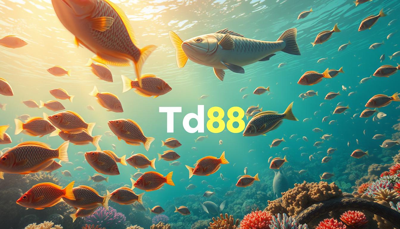 A visually stunning game scene of a vibrant underwater world, filled with a school of colorful and lively fish swimming gracefully. In the foreground, a group of playful fish dart and weave, their shimmering scales catching the dappled sunlight filtering down from the surface. In the middle ground, larger fish with distinctive markings lazily patrol the tranquil waters, while in the background, a diverse array of marine life create a mesmerizing backdrop. The scene is bathed in a warm, golden glow, conveying a sense of tranquility and enchantment. Prominently displayed is the TD88 logo, seamlessly integrated into the environment.