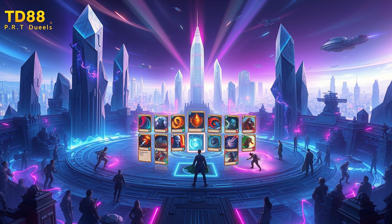 Realm of Duels game thẻ bài 3D - A vast, immersive battleground where strategic card-wielding champions clash in epic showdowns. Towering crystalline structures rise in the foreground, casting dramatic shadows across the arena. Neon-hued energy fields crackle and pulse, illuminating the dynamic movements of the dueling players. In the middle ground, larger-than-life holographic cards spring to life, their powerful abilities manifesting in brilliant displays of light and motion. The background features a stunning, futuristic cityscape, its gleaming skyscrapers and hovering transport modules hinting at the high-tech world of TD88's Realm of Duels.