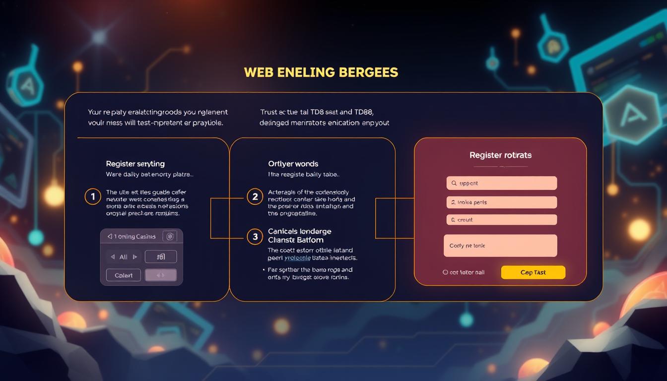 a detailed digital illustration of a step-by-step guide to registering and using a TD88 casino blockchain platform, featuring a clean, modern interface with clear explanations and intuitive navigation, set against a background of futuristic blockchain-inspired visuals, with a warm, inviting color palette and subtle lighting to convey a sense of trust and reliability for online casino players