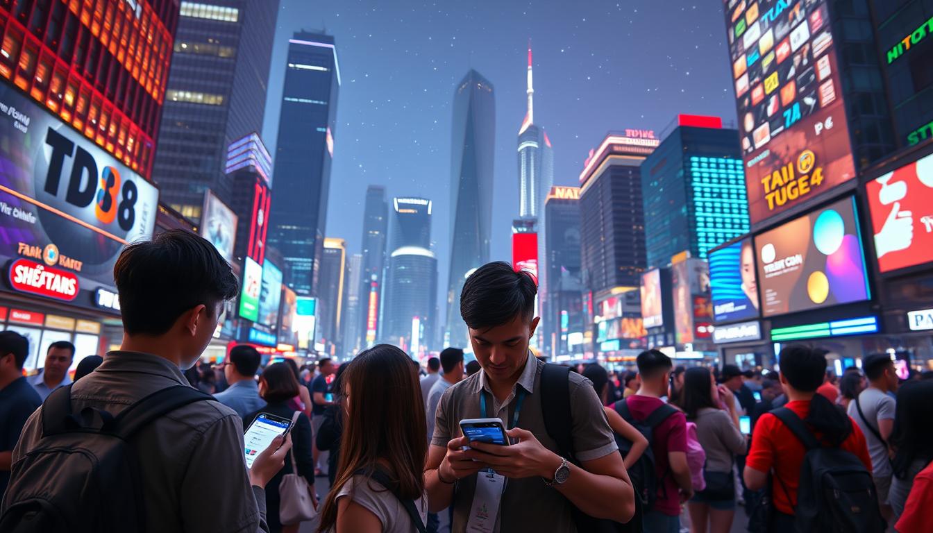 A busy cityscape filled with the vibrant energy of modern technology, showcasing the integration of the TD88 lottery application. In the foreground, a group of people intently engaged with their smartphones, seamlessly accessing the app's features. The middle ground reveals skyscrapers and sleek, high-tech buildings, symbolizing the embrace of digital innovation. In the background, a subtle glow of neon lights and a starry night sky create a futuristic atmosphere, hinting at the boundless possibilities of technology in the lottery industry. Crisp, cinematic lighting and a wide-angle lens capture the scene, conveying a sense of scale and the transformative potential of the TD88 app within the evolving Vietnamese lottery landscape.