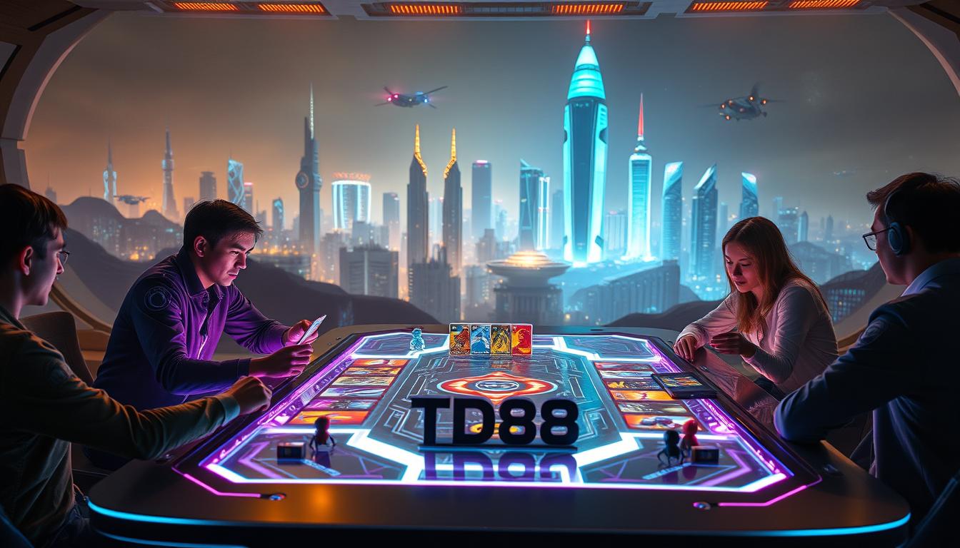 A captivating, futuristic scene of a strategic card game in the year 2025. In the foreground, players sit around a sleek, holographic game table, their faces illuminated by the vibrant, neon-like cards they hold. The middle ground features advanced-looking game pieces and a stylized, high-tech game board. In the background, a cityscape of towering skyscrapers and hovering vehicles sets the scene in a gleaming, technology-driven metropolis. Dramatic cinematic lighting casts dramatic shadows, heightening the tension of the gameplay. The brand "TD88" is prominently displayed on the game table, signifying the cutting-edge, futuristic nature of this strategic card game.