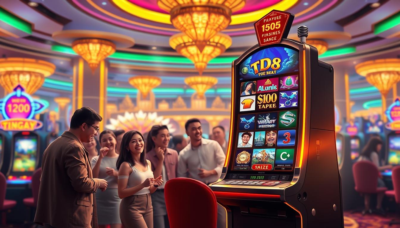 A highly detailed, photorealistic illustration of a step-by-step guide to playing the TD88 slot machine game in 2025. The scene depicts a brightly lit casino interior with a large, prominently featured slot machine in the foreground. The slot machine's interface showcases the latest cutting-edge graphics and animations, inviting the player to engage with the game. In the middle ground, a group of enthusiastic players surround the machine, their expressions filled with excitement and anticipation. The background features the lush, luxurious decor of the casino, creating an atmosphere of sophistication and entertainment. The lighting is warm and inviting, accentuating the vibrant colors and textures of the scene. The overall composition conveys a sense of immersion and excitement, perfectly capturing the essence of the "Hướng dẫn chi tiết tham gia nổ hũ 2025" section.
