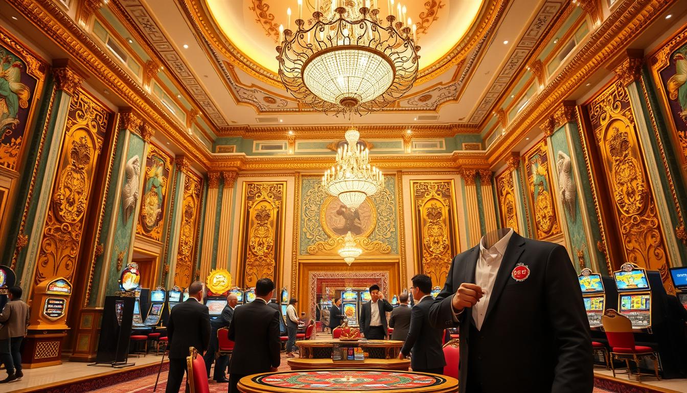 A lavish, ornate lobby of a prestigious casino in Macau, China. Intricate gold and jade details adorn the walls and columns, creating an opulent atmosphere. In the center, a grand chandelier casts a warm, ambient light. In the foreground, a group of well-dressed patrons stand around a large gaming table, engrossed in a thrilling game of nổ hũ, the popular Vietnamese slot machine. A smartly dressed host, wearing a TD88 logo on their lapel, gestures towards the table, inviting guests to join the exclusive members-only experience.
