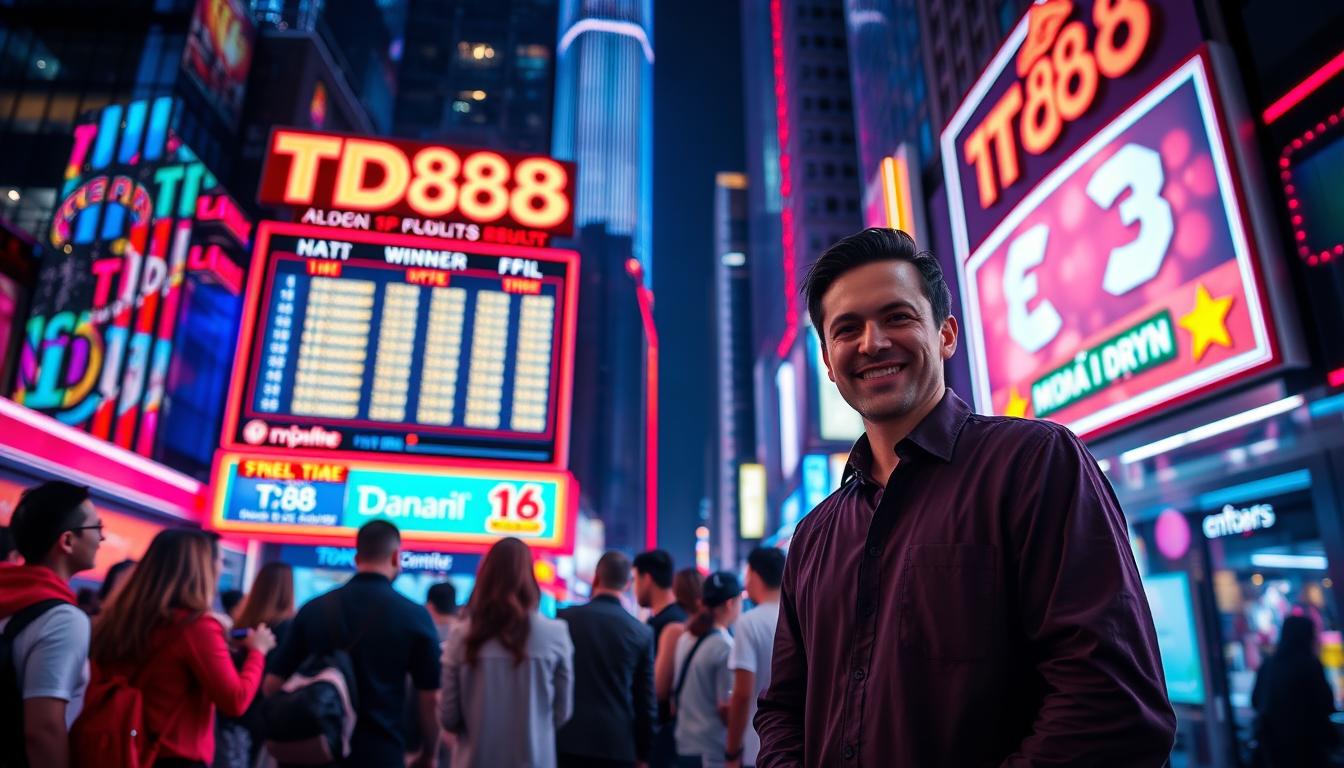 A neon-lit street at night, a group of people gathered around a large digital display showcasing the latest TD88 lottery results. The scene is vibrant and dynamic, with colorful lights reflecting off the sleek, modern buildings in the background. In the foreground, a helpful attendant stands ready to guide the winners through the process of claiming their prizes, their friendly smile and welcoming demeanor creating a sense of trust and excitement. The overall atmosphere is one of celebration and anticipation, capturing the thrill of the TD88 electronic lottery experience.