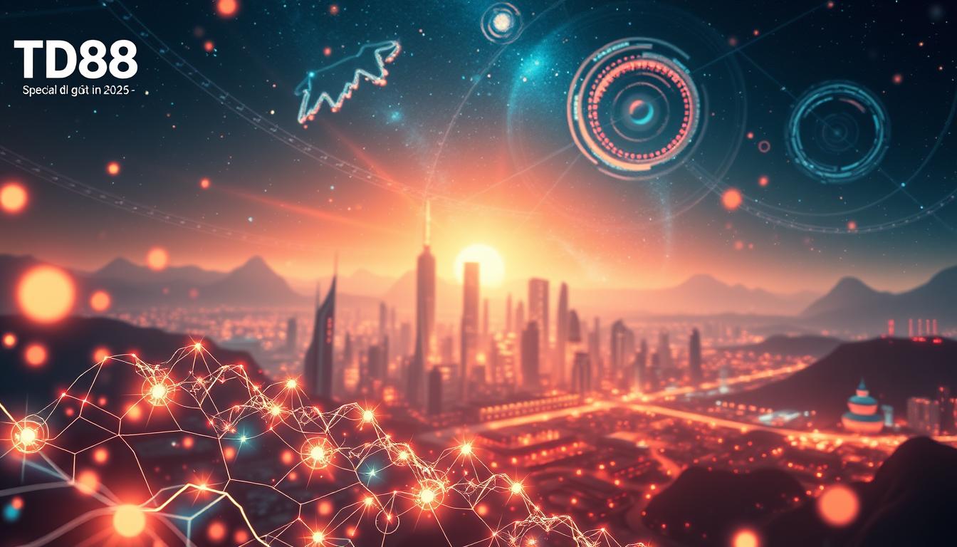 A serene and visually captivating scene showcasing the TD88 "Xu hướng giải đặc biệt năm 2025". The foreground features a stunning display of glowing, interconnected data visualizations, hinting at the statistical trends and predictions for the upcoming year's special lottery drawings. The middle ground showcases a stylized, futuristic cityscape, with sleek, modern architecture and a vibrant, neon-infused color palette. The background depicts a vast, celestial landscape, with swirling galaxies and cosmic phenomena, creating a sense of grandeur and limitless possibilities. The lighting is a perfect balance of warm and cool tones, casting a dreamlike, almost holographic effect over the entire composition. The overall tone conveys a sense of excitement, innovation, and a glimpse into the future of the TD88 special lottery trends.