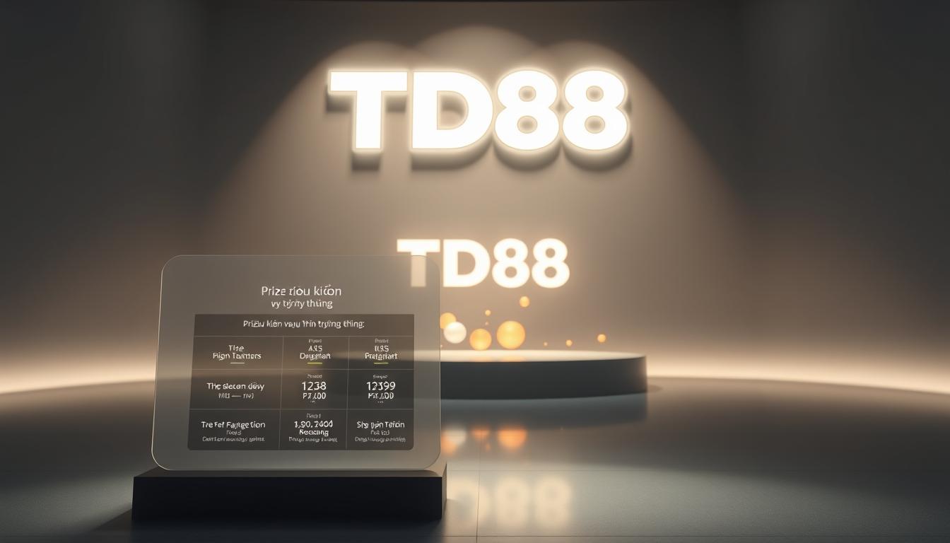 A serene digital environment with soft, diffused lighting illuminating the TD88 logo against a sleek, minimalist backdrop. In the foreground, a transparent display showcases the prize tiers and eligibility criteria for the computational lottery, providing a clear and informative visual representation of the "Điều kiện và quy định trúng thưởng". The middle ground features a stylized depiction of the lottery draw, with animated digital elements and a sense of anticipation. The background subtly suggests the integration of technology, such as blockchain or distributed ledger, alluding to the "xổ số điện toán" concept. The overall aesthetic conveys a sense of modernity, transparency, and the seamless fusion of technology and gaming.