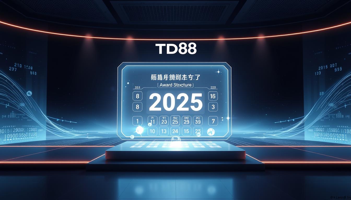 A serene, futuristic digital lottery display showcasing the "xổ số điện toán 2025" concept. In the foreground, a sleek, holographic interface presents the award structure, with luminous, floating numbers and symbols. The middle ground features a sophisticated, minimalist design with clean lines and a muted color palette of blues and grays, reflecting the technological nature of the lottery. In the background, a vast, ethereal landscape of data streams and digital patterns creates a sense of boundless possibility. The overall mood is one of modern elegance and innovation, complemented by subtle lighting effects that cast a warm, ambient glow. Prominently displayed is the brand name "TD88", signifying a cutting-edge, technology-driven lottery experience.