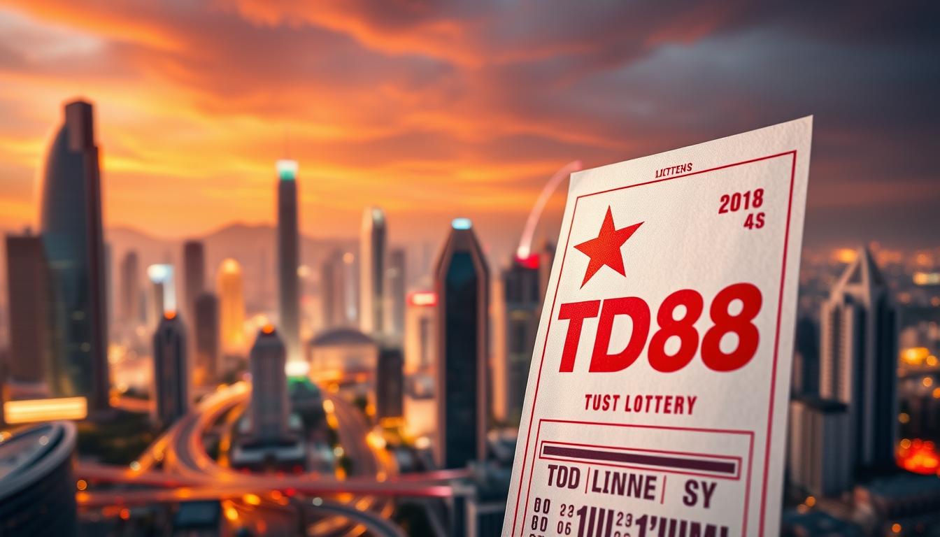 A sleek and modern lottery investment opportunity in Vietnam. A dynamic cityscape with skyscrapers and infrastructure projects, conveying a sense of growth and progress. In the foreground, a close-up of a lottery ticket with the TD88 brand prominently displayed, symbolizing the chance to invest in this burgeoning industry. Soft, warm lighting casts an optimistic glow, and the composition emphasizes the interconnectedness of urban development and the lottery's potential for lucrative investment. The scene exudes a mood of excitement, opportunity, and financial prosperity.