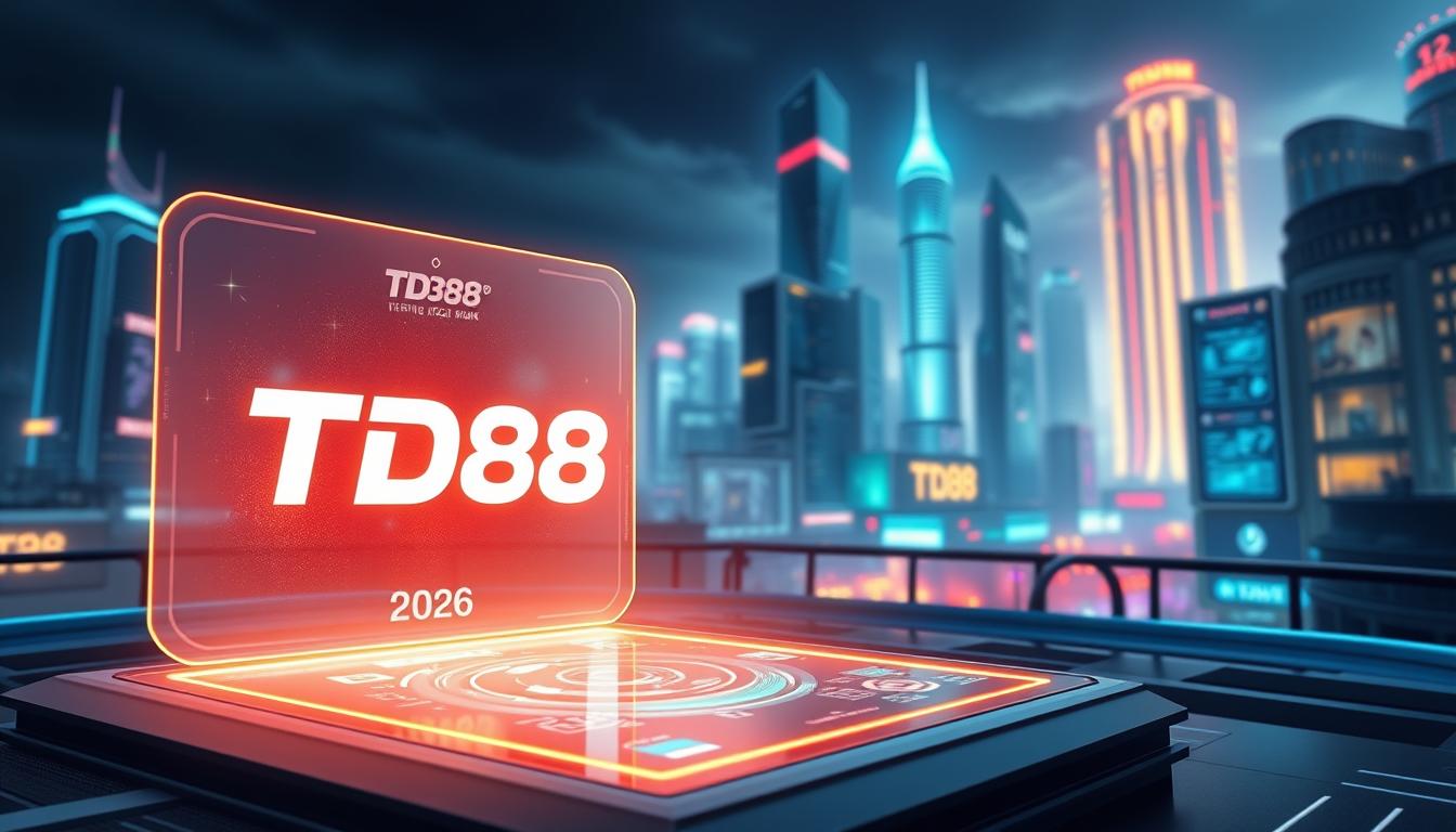 A sleek, futuristic game interface showcases the next generation of online gaming trends. In the foreground, a holographic display presents the iconic TD88 logo, casting a warm glow across the scene. The middle ground features stylized icons and UI elements, hinting at the immersive, seamless experience users can expect. In the background, a cityscape of gleaming skyscrapers and neon-lit streets sets the stage for a vibrant, technologically advanced future of gaming. Soft, diffused lighting and a cool color palette convey a sense of innovation and progress, capturing the essence of the "xu hướng game 2026" in Vietnam.