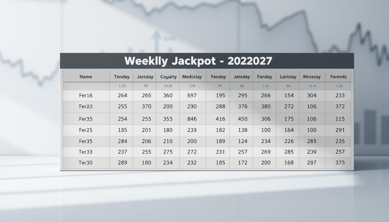 A sleek, modern table displaying the weekly lottery jackpot statistics for the year 2025. The table has a minimalist, sophisticated design with clean lines and a muted color palette of greys, whites, and accents of the brand color TD88. The data is presented in a clear, organized manner, with crisp, legible typography. The background features a subtle, blurred pattern suggestive of financial charts or graphs, creating a professional, data-driven atmosphere. Soft, directional lighting casts gentle shadows, enhancing the table's depth and dimensionality. The overall mood is one of authority, precision, and transparency, inviting the viewer to engage with the detailed lottery information.