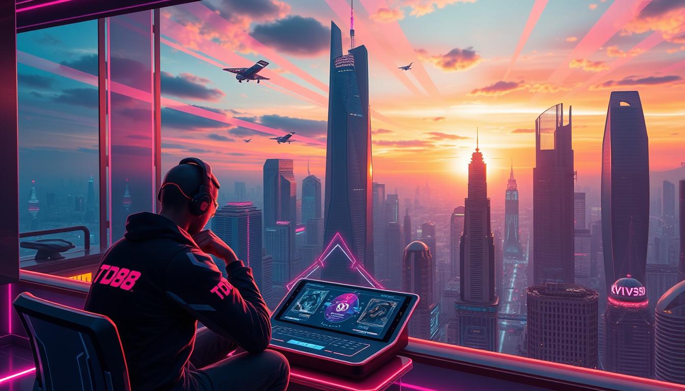 A strategic game session set in a futuristic Asian-inspired cityscape, bathed in a vibrant neon glow. In the foreground, a player avatar representing the TD88 brand sits intently before a holographic gaming interface, deep in thought as they plan their next move. The middle ground features a bustling metropolis with towering skyscrapers, flying vehicles, and advanced digital infrastructure, hinting at the technological advancements shaping the future of gaming. The background showcases a stunning sunset sky, with streaks of vivid color reflected in the sleek, glass facades of the buildings, creating an immersive and visually striking atmosphere.
