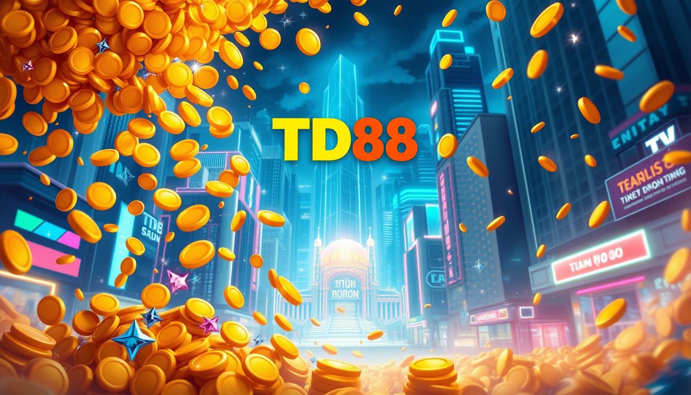 A vibrant, alluring illustration of the "Ưu đãi nổ hũ" experience. In the foreground, a dazzling cascade of golden coins and sparkling gems spills forth, beckoning the viewer to partake in the thrilling world of online gaming. In the middle ground, the iconic TD88 logo shines brightly, a beacon of excitement and opportunity. The background depicts a dynamic, futuristic cityscape, its towering skyscrapers and neon-lit streets conveying a sense of urban sophistication and technological advancement. The overall scene exudes an atmosphere of energy, prosperity, and the promise of life-changing rewards, perfectly capturing the essence of the compelling "Ưu đãi nổ hũ" experience.