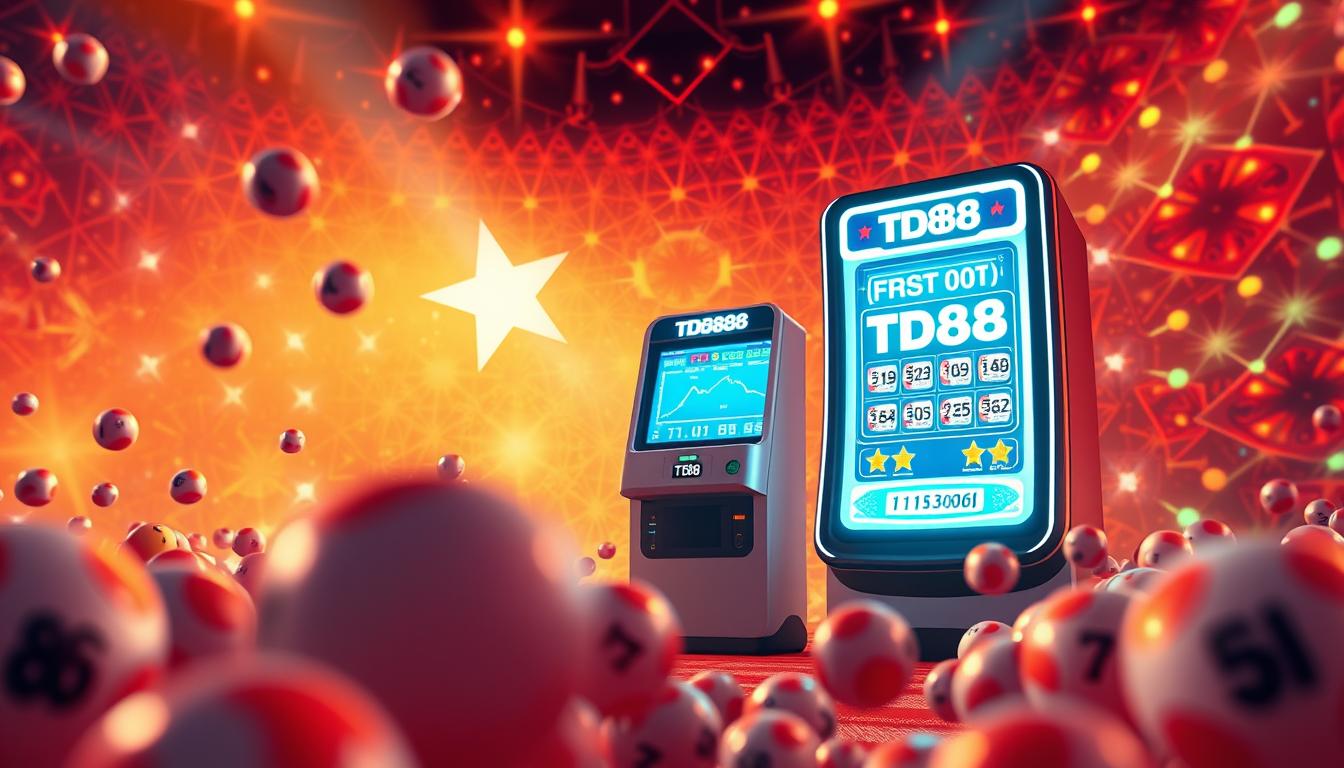 A vibrant, forward-looking scene showcasing the future of Vietnam's lottery industry. In the foreground, a dynamic visualization of lottery balls and numbers, arranged in a captivating display. In the middle ground, a sleek, futuristic lottery terminal bearing the brand "TD88", symbolizing the technological advancements transforming the sector. The background features a stylized, kaleidoscopic pattern representing the evolving trends and data-driven insights shaping the industry's trajectory. Warm, saturated hues create an atmosphere of optimism and innovation, hinting at the exciting possibilities of Vietnam's lottery landscape in 2026.