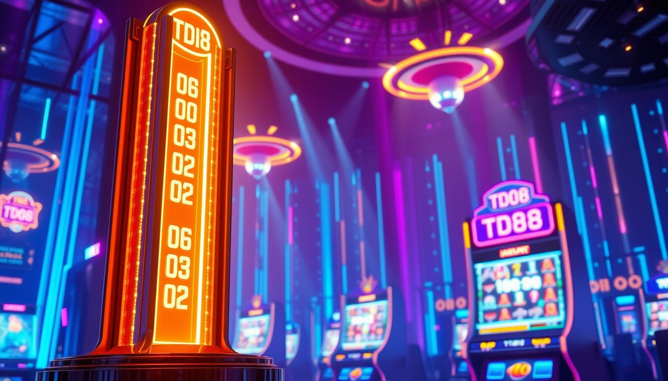 A vibrant, futuristic gaming display showcasing the breakthrough "TD88" jackpot feature. In the foreground, a towering, glowing jackpot meter casts a mesmerizing glow across the scene. The middle ground features a sleek, modern slot machine with dynamic visuals and captivating animations. The background is filled with a kaleidoscope of neon lights, casting an electrifying atmosphere. Dramatic cinematic lighting illuminates the entire setup, creating a sense of energy and excitement. The overall composition conveys a sense of innovation, technological advancement, and the thrill of a groundbreaking gaming experience.